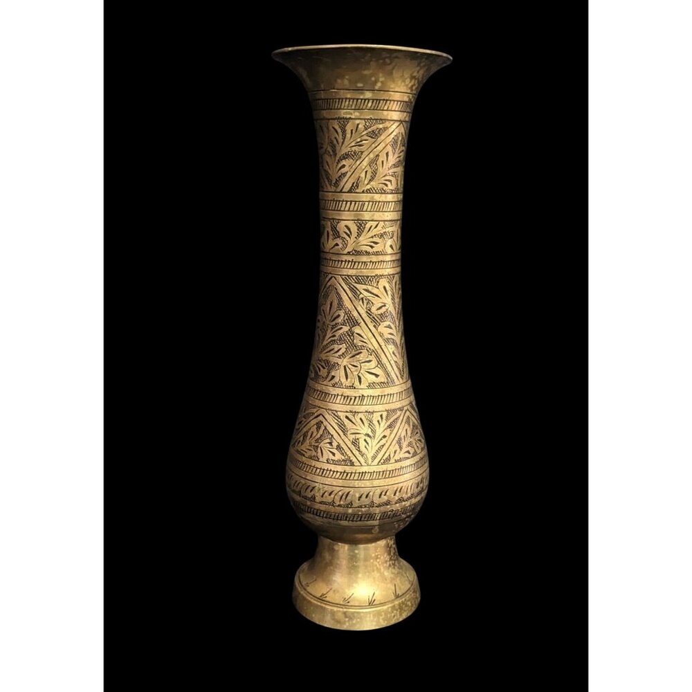 Vintage‎ Etched Brass Vase 11.5” Floral Engraving Ornate Antique Home Accent